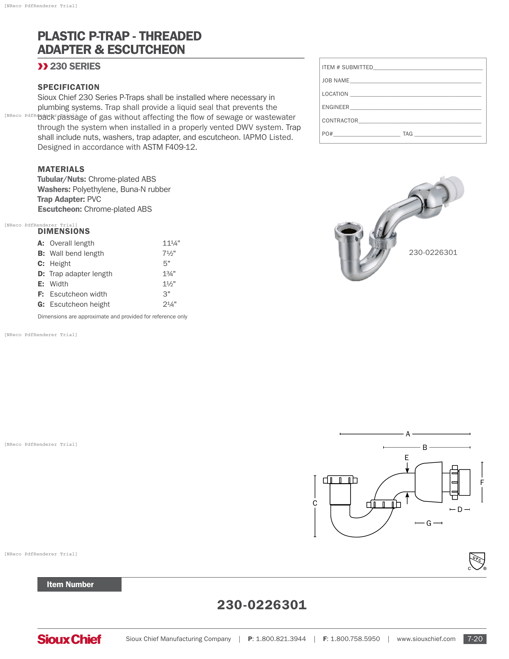 230 SERIES - PLASTIC P-TRAPS WITH TRAP ADAPTER & ESCUTCHEON - SPEC SHEET.PDF Specification Document